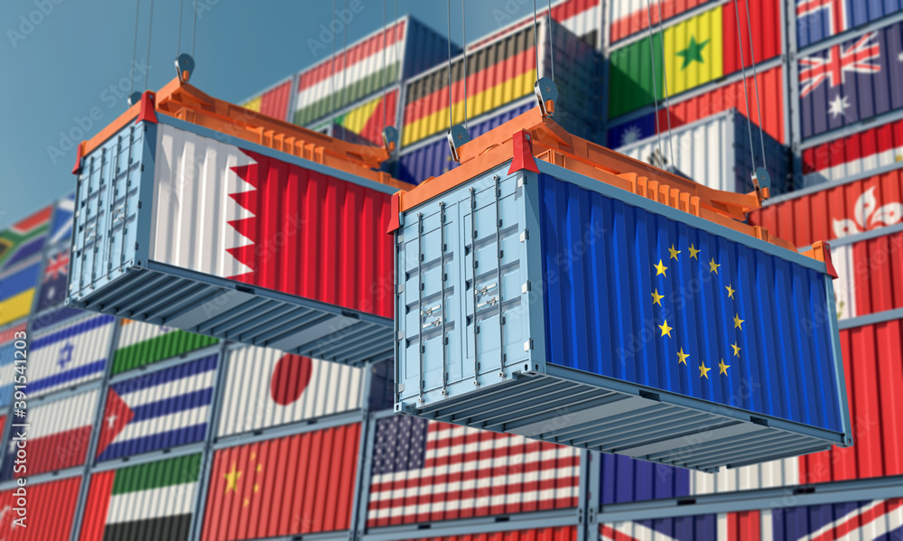 Freight containers with European Union and Bahrain flag. 3D Rendering 