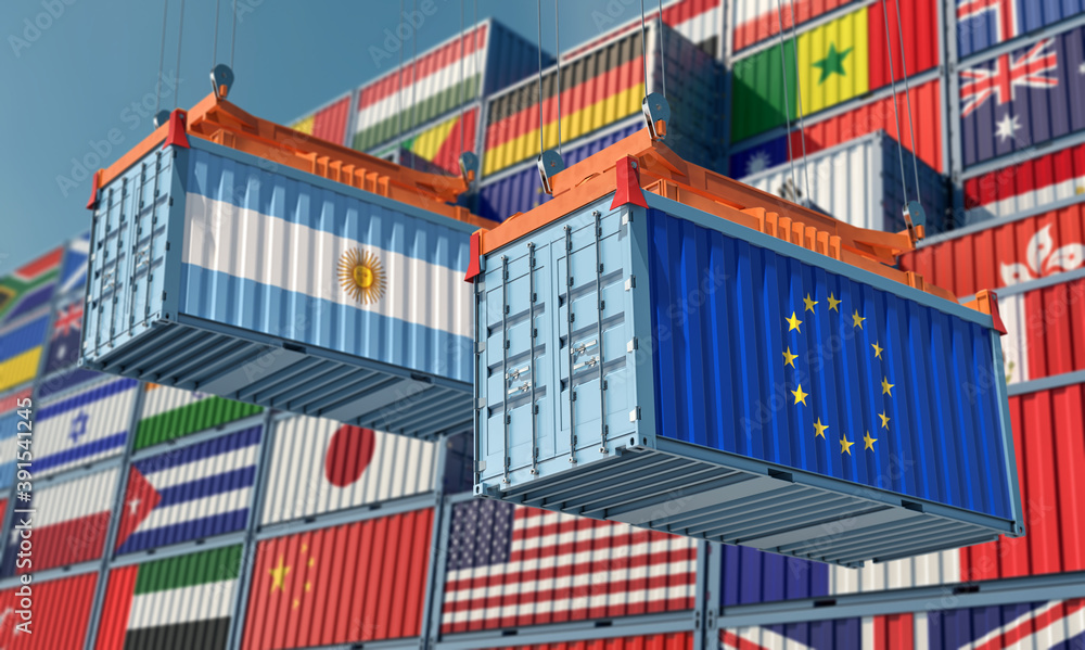 Freight containers with European Union and Argentina flag. 3D Rendering 