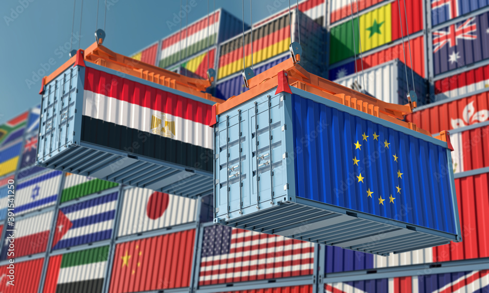 Freight containers with European Union and Egypt flag. 3D Rendering 