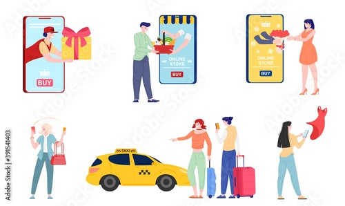 Cartoon people buying online using apps isolated on white background, vector flat illustration
