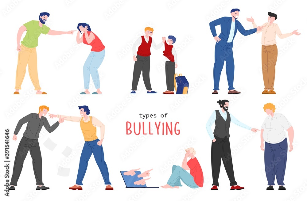 Vector flat illustration of people suffering from bullying isolated on white