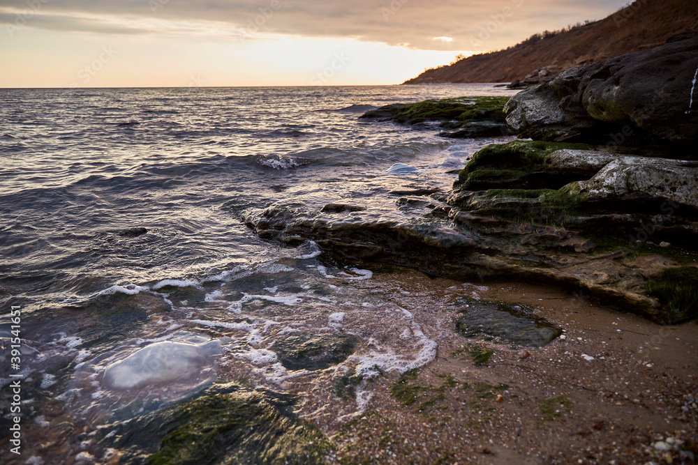 Panoramic view of calm water Azov sea. Idyllic autumn scene Panoramic view of calm water Azov sea. Idyllic autumn scene