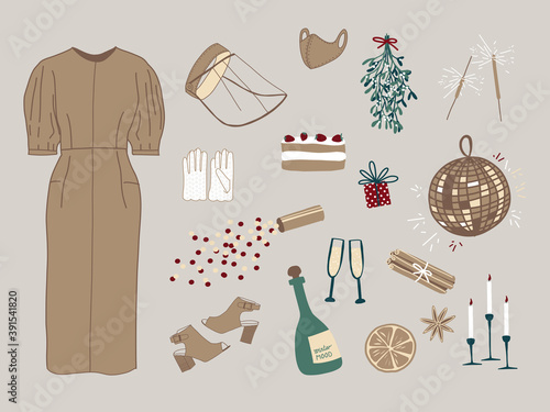 Vector set of holiday icons: clothes, confetti, disco ball, cinnamon, mistletoe, gift, candy, champagne. Elements for health protection: mask, gloves, face shield. Christmas party in a public place. 