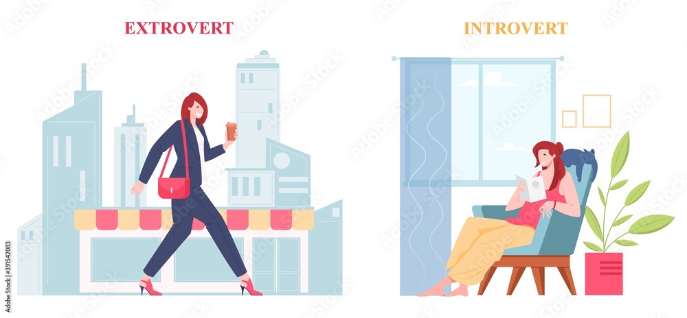 Introvert and extrovert individuality of people, vector flat illustration Introvert and extrovert individuality of people, vector flat illustration