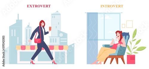 Introvert and extrovert individuality of people, vector flat illustration