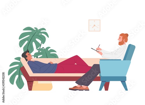 Psychotherapeutic session, male psychoanalyst and patient on couch, flat cartoon vector illustration