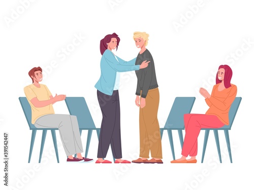 Psychological support on psychotherapeutic group, vector flat illustration of cartoon characters