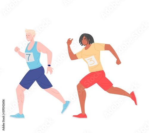 Cartoon male runners in stylish sportswear on marathon race  vector illustration in flat style