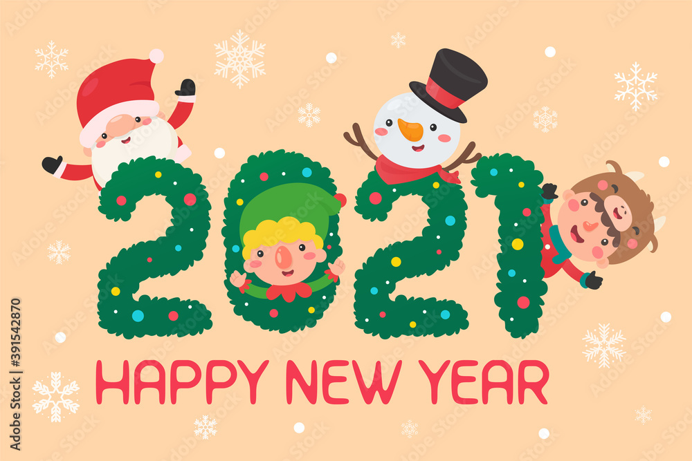 merry christmas and happy new year 2021. Cartoon characters santa and kids happy christmas.