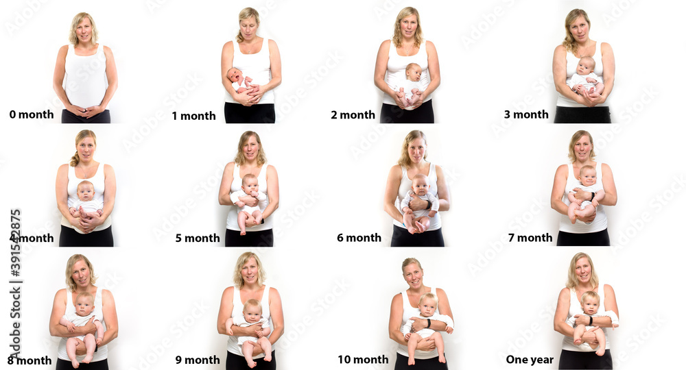Baby development stages from birth to one year. Collage of stages of ...