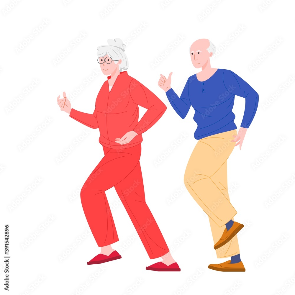 Stylish elderly running couple, vector flat illustration of characters isolated on white