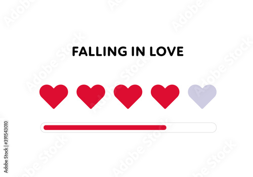 Love meter emotion concept. Vector flat illustration. Customer review progress bar infographic design element for dating and valentine day holiday. Falling in love text. Heart shape symbol.