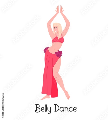 Body positive female performing oriental belly dance, cartoon character isolated on white, vector illustration