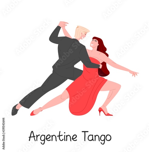 Argentine tango dancing passionate couple isolated on white background, vector flat illustration