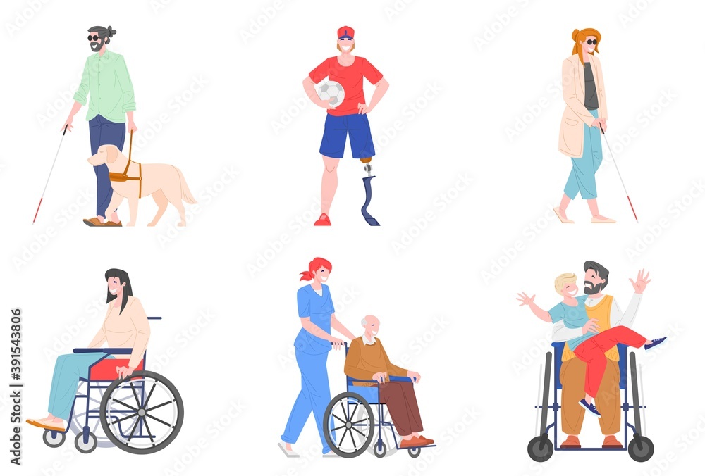 Collection of disabled people, cartoon characters with prosthesis, wheelchairs, visually impaired, vector illustration
