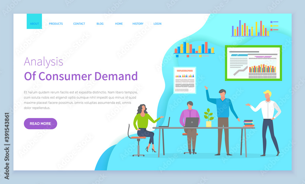 Analysis of consumer demand website vector. Workers with laptop discuss statistical indicators, analyze sales charts and graphs, make a plan to attract customers. Webpage template, landing page