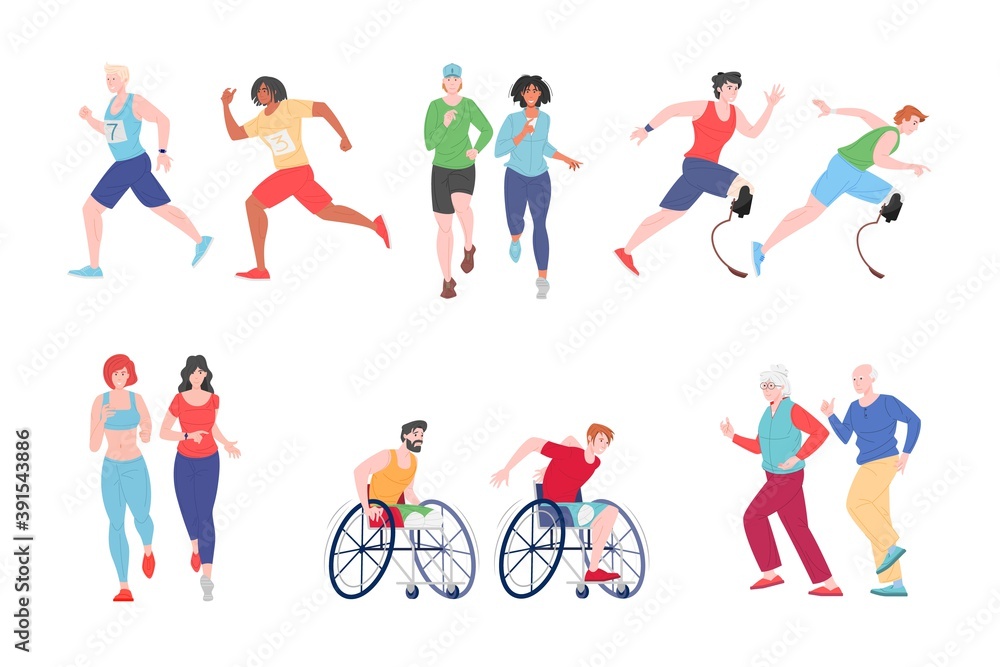 Running people disabled, athletic man, female, vector flat runner jogging cartoon characters set isolated on white Running people disabled, athletic man, female, vector flat runner jogging cartoon characters set isolated on white