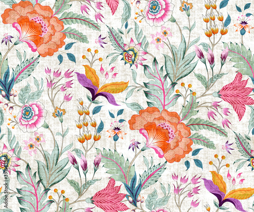 Cuadro en lienzo Fantasy floral with distress look seamless pattern in Jacobean print style, vintage, old, retro style