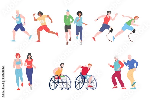 Running people disabled  athletic man  female  vector flat runner jogging cartoon characters set isolated on white