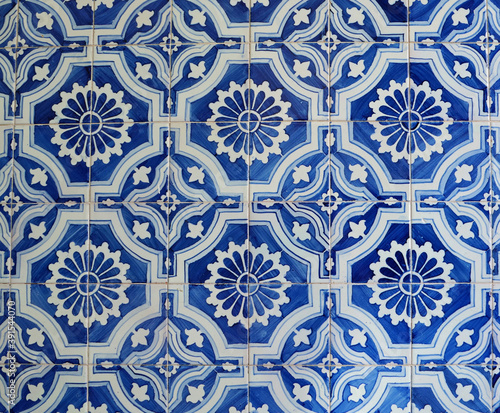 Close-up of a typical blue tile pattern on a house wall in Spain, Europe