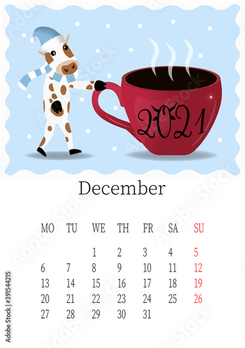 December 2021. Calendar month. Winter concept with snow and cup of coffee.Editable vector template. Vector illustration in a flat style.