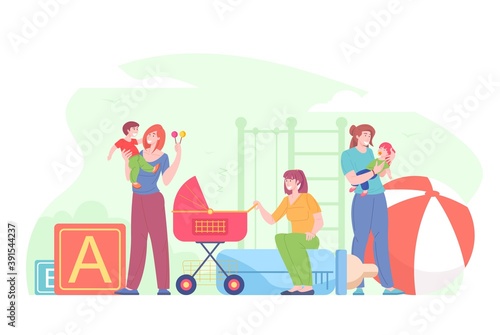 Female babysitter care kids, infant baby, vector nanny cartoon characters playing with children in kindergarten