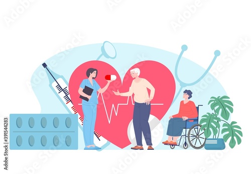 Nurse care about elderly disabled patients, vector cartoon characters. Medical help for aged retirees, handicapped