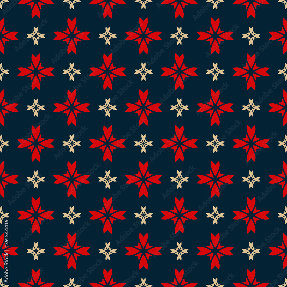 Vector floral texture. Geometric seamless pattern with small flower silhouettes, crosses. Simple abstract background. Elegant ornament in black, red, yellow color. Repeat design for decor, print, wrap Vector floral texture. Geometric seamless pattern with small flower silhouettes, crosses. Simple abstract background. Elegant ornament in black, red, yellow color. Repeat design for decor, print, wrap