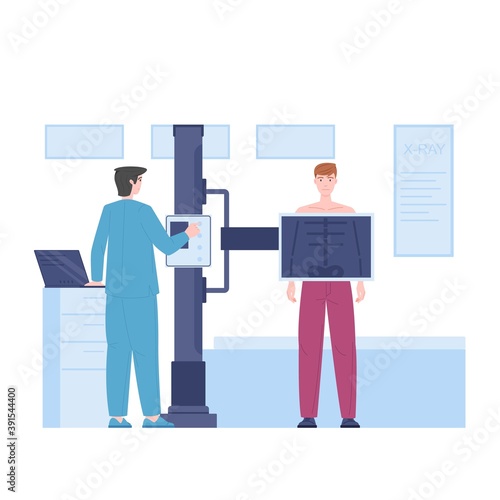 Doctor radiologist pulmonologist, chest x-ray scanning lung, vector cartoon characters, healthcare, medical diagnostics