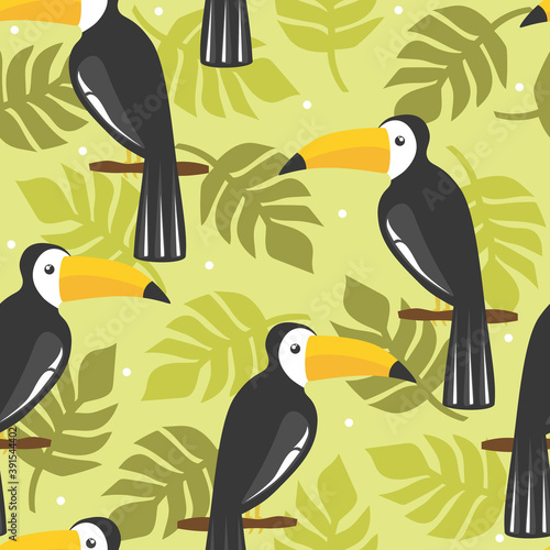 Seamless pattern, birds, palm leaves, hand drawn overlapping backdrop. Colorful background vector. Cute illustration, toucans. Decorative wallpaper, good for printing