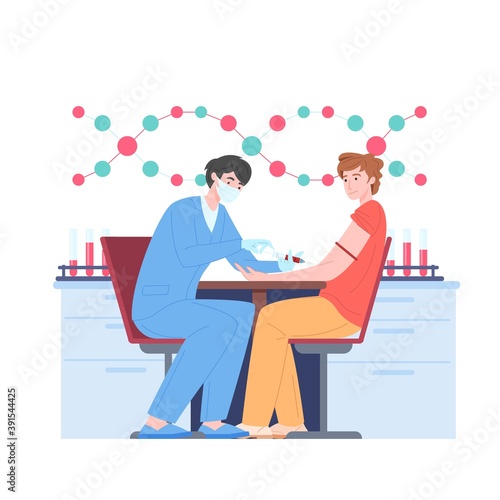 Blood test and donating, physician vector cartoon character takes blood sample from patient at medical diagnostic center