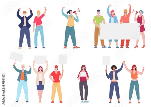 Protesting people on meeting picket with placards, vector male female demonstrators cartoon characters set