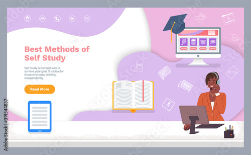 Self study concept banner. Distance online learning with teacher. Girl using a computer and headphones for distance education. Website template. Way to study when you like to work independently