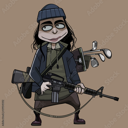 cartoon funny woman armed with a machine gun and golf clubs