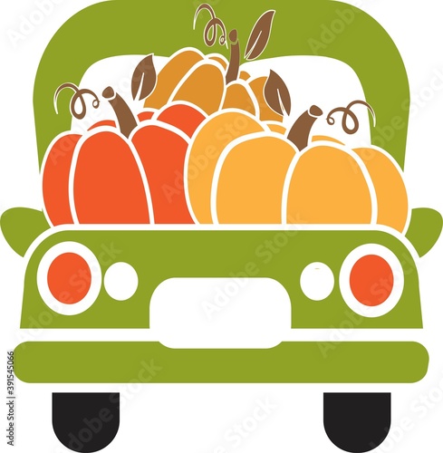 Pumpkin truck. Green truck with autumn pumpkin
