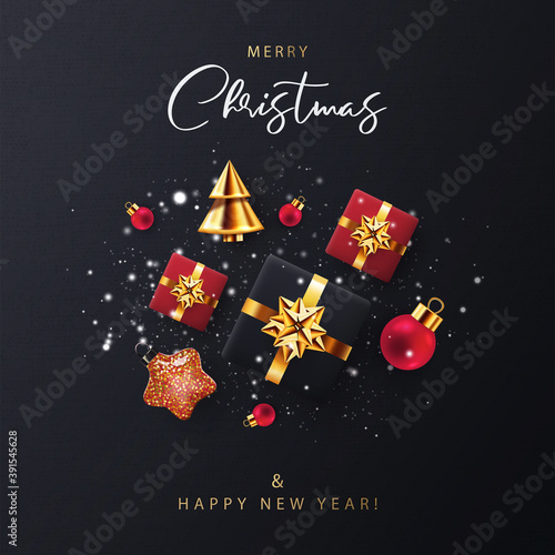 Christmas greeting card, poster, holiday cover, web banner. Xmas modern design with 3d realistic golden black and red gifts, golden conical christmas tree, balls, on black background with falling snow
