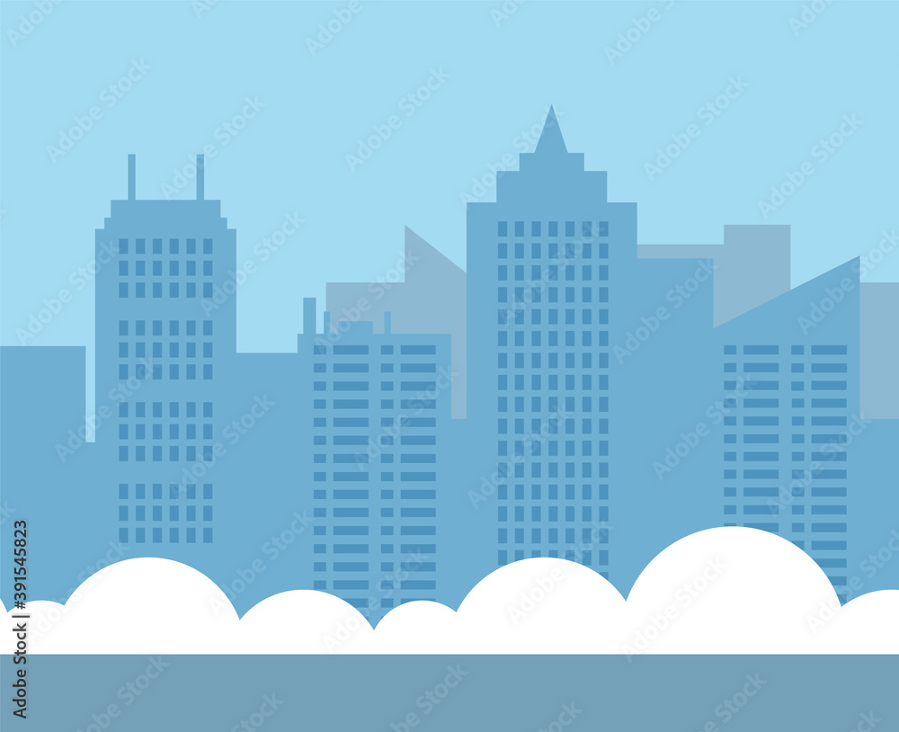 Urban city view in flat style. Winter city, buildings, architecture of modern town. Urban landscape with snow weather, nobody at the street. High-rise buildings, skyscrapers, vector illustration