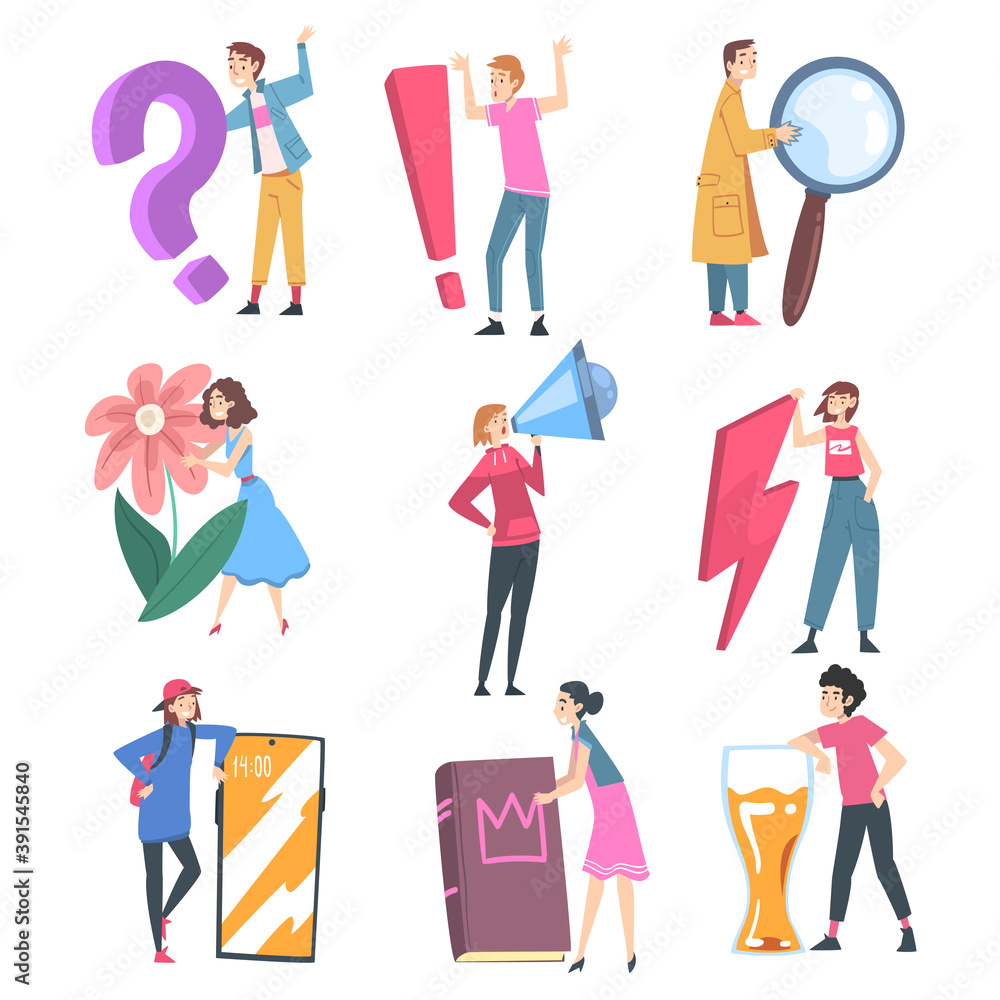 Tiny People Characters Holding Huge Objects, Young Men and Women Carrying Punctuation Mark, Magnifier, Smartphone, Book Cartoon Style Vector Illustration