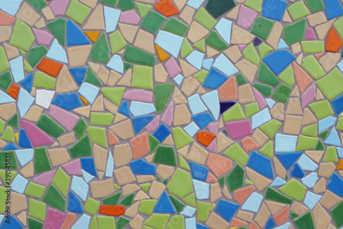 Close-up of a colorful mosaic tile wall pattern