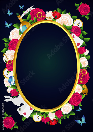 Wonderland background. Red  roses and white roses, clock and key, white rabbit, potion, tea cup, butterflies. Rose flower frame vector illustration