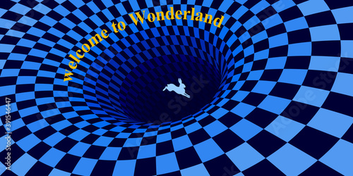 White rabbit runs and falls into a hole. Surreal chess background and lettering   welcome to wonderland