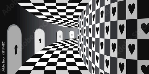 Wonderland background: magical room with chessboard floor and many keyhole doors