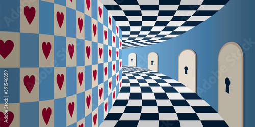 Wonderland background: magical room with chessboard floor and many keyhole doorsbanner, black, checked, checkerboard, dream,