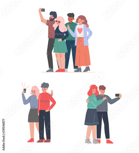 People Taking Selfie with Smartphone Set, Friends Spending Time Together and Photographing Cartoon Style Vector Illustration