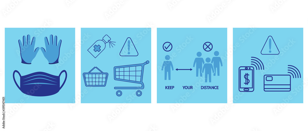 Safe shopping. Social distancing. Included icons as a mask and gloves required, clean trolley cart, avoid crowded, keep your distance and contactless payment. Keeping a distance between people Safe shopping. Social distancing. Included icons as a mask and gloves required, clean trolley cart, avoid crowded, keep your distance and contactless payment. Keeping a distance between people