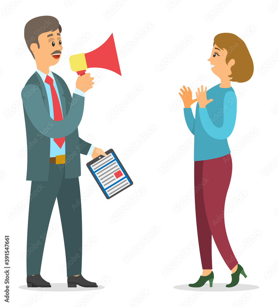 Businessman with clipboard and loudspeaker in his hand talking with a surprised woman. Director s emotional conversation with subordinate. Business meeting and consideration of working issues Businessman with clipboard and loudspeaker in his hand talking with a surprised woman. Director s emotional conversation with subordinate. Business meeting and consideration of working issues