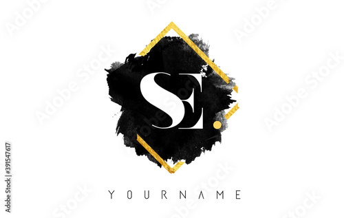 SE S E Letters Logo Design with Black ink Stroke over Golden Square Frame Vector.
