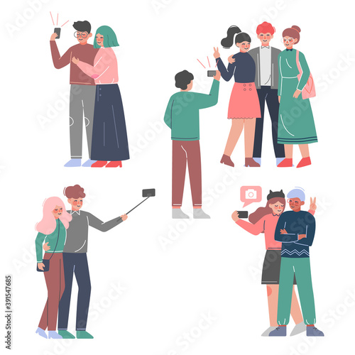 People Taking Selfie and Posing for Photographer Set, Friends Spending Time Together and Photographing Cartoon Style Vector Illustration
