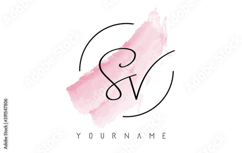 Handwritten SV S V Letters Logo with Pink Pastel Watercolor Brush Stroke Concept.