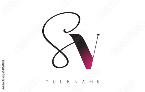 Handwritten SV S V Letters Logo with Pink Colour Touch Concept.